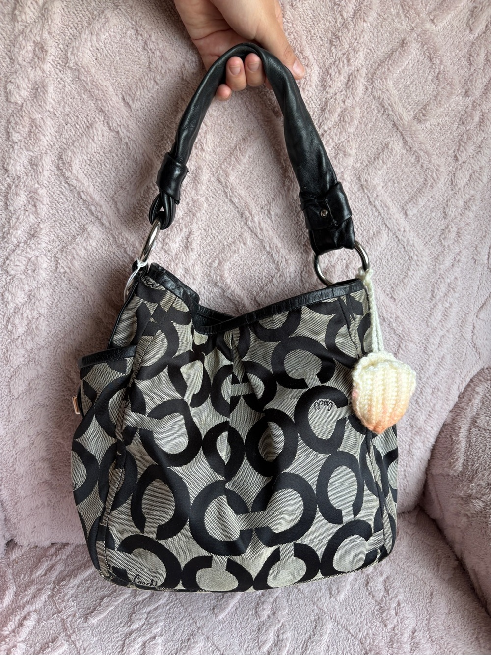 Coach Black Signature Canvas Shoulder Bag with Leather Strap